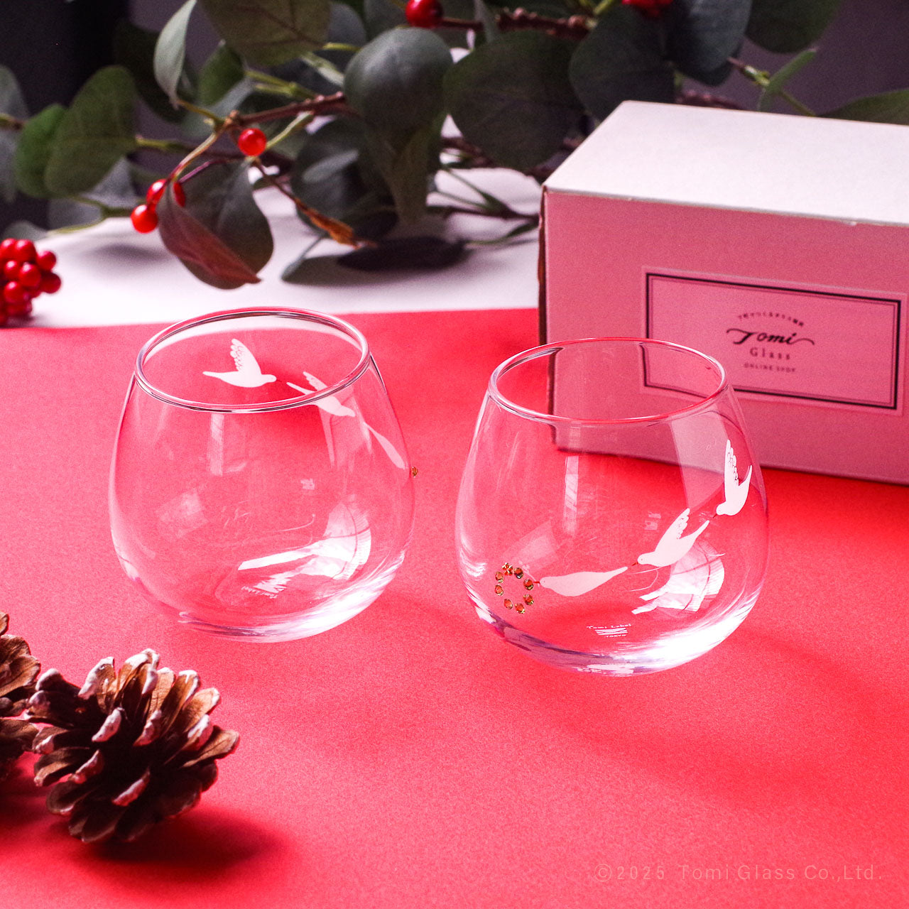 ラッピング無料｜リース運ぶ白い鳥｜ゆらゆらペアグラス｜ECST068